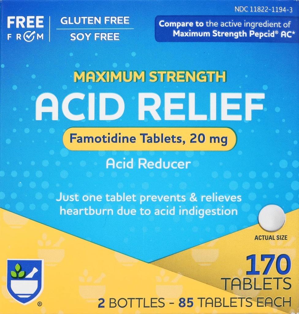 Reducer kyseliny Rite Aid, Maximální síla Famotidin Tablety, 20 mg - 2 Lahvičky, 85 Počet každý (170 Počet celkem) 124; Heartburn Relief Fair124; Acid Reflux 124; Antacid Chews & Tablety, Heartburn Chews & Tablety