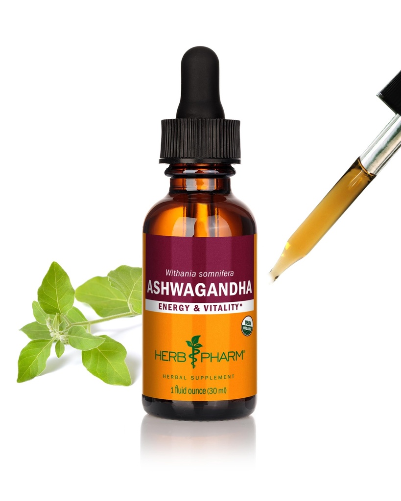 Herb Pharm Certified Organic Ashwagandha Extract for Energy and Vitality, Grain, Organic Cane Alkohol, 1 Ounce