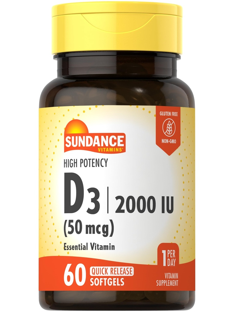 Sundance Vitamin D3 2000 IU PHARMAN 124; 60 Softgels Quick Release 124; High Potency PHARMAN 124; Non- GMO a gluten zdarma dodatek