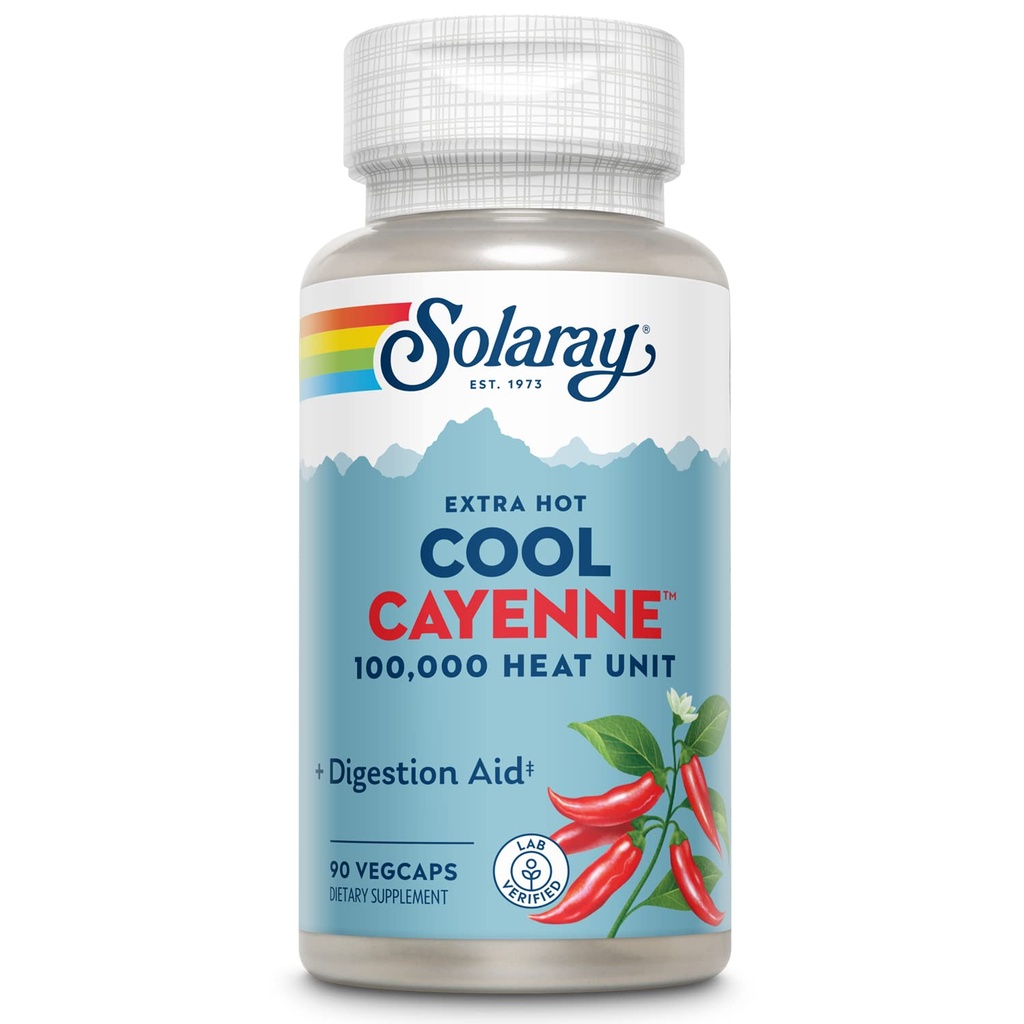 SOLARAY Extra Hot Cool Cayenne 100.000 HU - Tradiční Lidová pomoc - Bio- Cool Process - Laboratoř ověřená, GMP Facility, 60denní záruka - 45 Služeb, 90 VegCaps