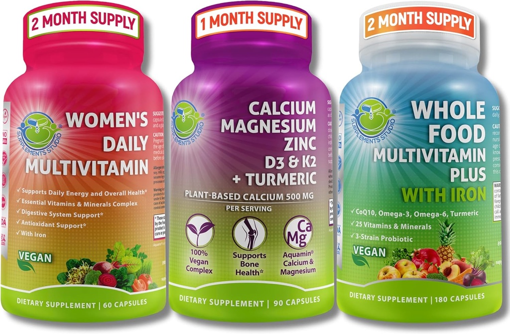 Vegan Multivitamins & vápník Trio-all Food Multivitamin with Iron + Women 's Daily Multivitamine with Iron + Plant- based Calcium, Magnesium, Zinek, D3, K2 & Turmeric - Energy, Bone & Immunication Support