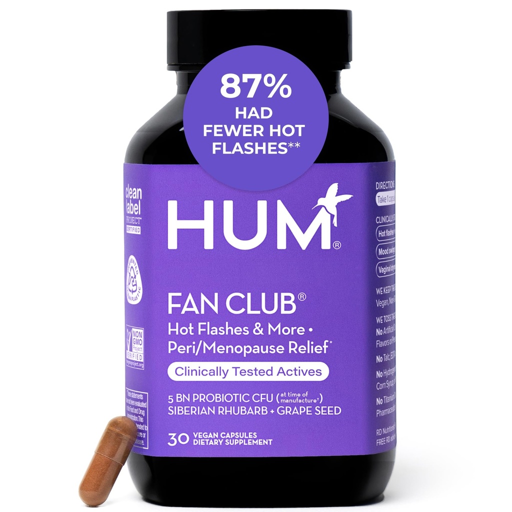 HUM Fan Club Menopauza Probiotický dodatek, Estrogen Free Menopauza Doplňky pro ženy, non Hormonal, Podporuje energii a horké záblesky, Grape Seed Extract & Sibiřský Rhubarb, 30 Vegan Kapsle