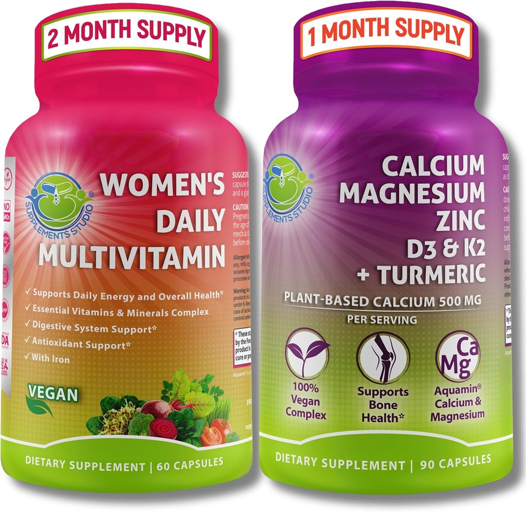 DOPLŇKOVÉ STUDIO Komplexní wellness & Bone Health Bundle - Ženský denní multivitamin s vápníkem + Plant- based vápník, hořčík, zinek, D3, K2 & turmeric - Vegan, Non- GMO, čisté přísady