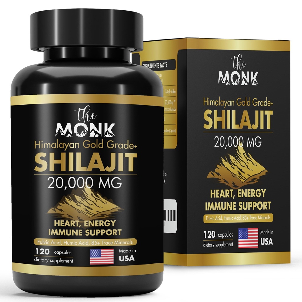 Organic Shilajit s Fulvic acid, Humic acid, 85 + Minerals - Gold Class Plus - Stejně jako Resin - Energy, Stamina, Brain Support - 120 Kapsle - Made in USA