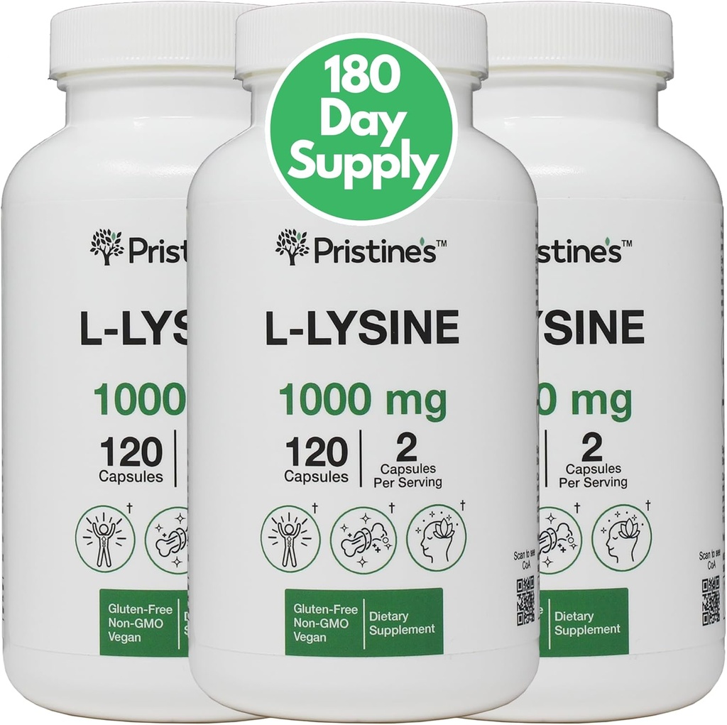 PRISTINE 'S L Lysin 1000mg (3 balení) Lip & Gum Zdraví Essential Amin Acid Imunity Supplementary Capsules -180 Day Support Muscle & Tissup - Kolagen Production - Vegan gluten Free Non GMO