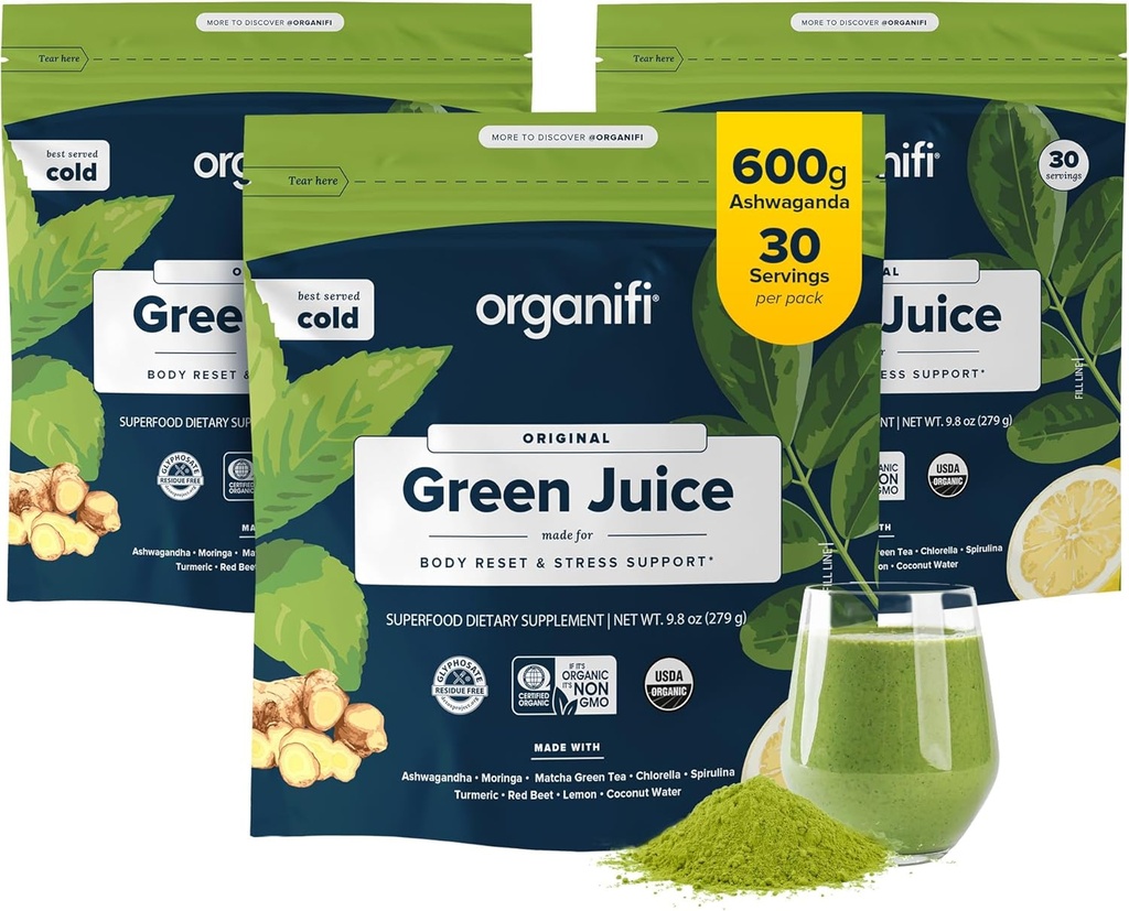 Organifi Green Juice - Organic Superfood Powder - 90- Day Supply - Organic Vegan Green - Pomáhá snížit kortizol - Poskytuje lepší odezvu na stres - Podporuje kontrolu hmotnosti - Celkem Tělo Wellness