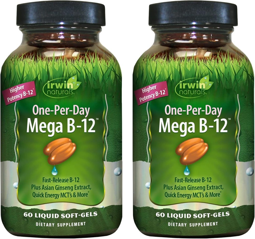 Irwin Naturals One- Per- Day Mega B-12 1,500mcg High Potency Methylkobalamin Vitamin - Rychlá zesílená absorpce s MCT + Asian Ginseng - Natural Energy Boost - 60 Tekuté ponožky (Balení po 2)