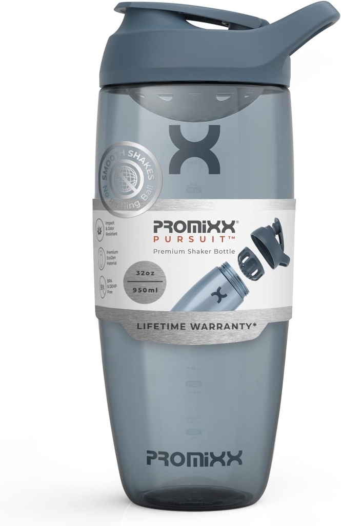 Promixx Pursuit protein Shaker Bottle (32 oz) - Silent No-Ball Mixer, Leak-Proof Lid, BPA / BPS & Phtalate-Free ECOZEN - Easy- Clean Shaker Cup for Protein Shakes, Pre & Post- Workout Smoothies