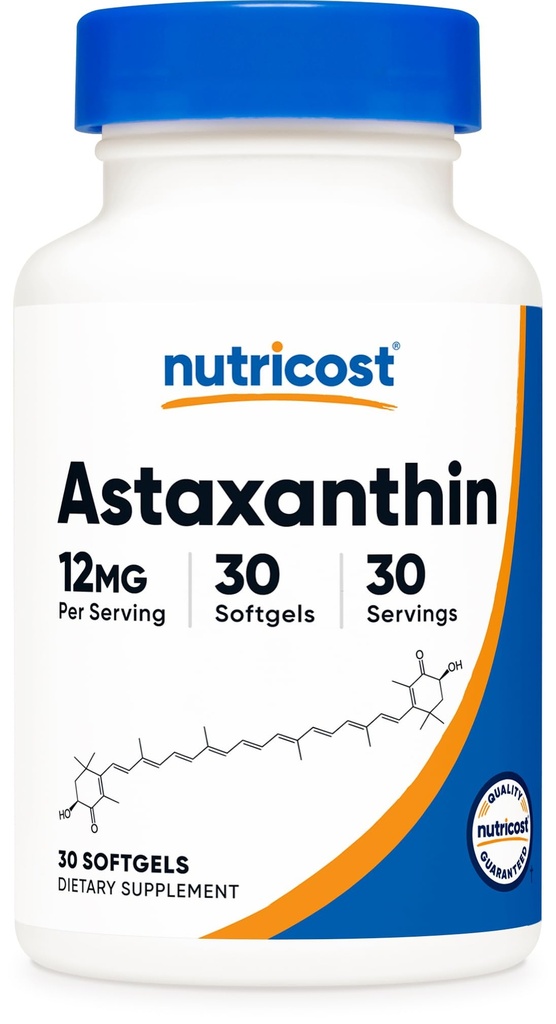 Nutricost Astaxanthin 12 mg, 30 Softgels - Non- GMO a gluten zdarma