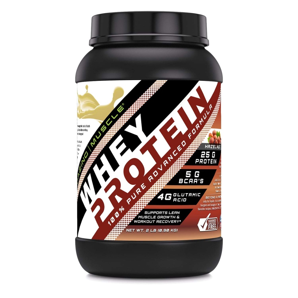 Amazing Muscle Whey Protein Isolate & Concentrate 25 G per Serving Supplement CLAS124; Hazelnut Flavor CLAS124; 2 Lb (0,90 kg) CLAS124; Non- GMO CLAS124; Gluten- Free