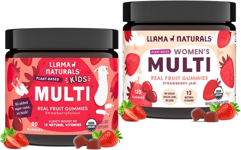 Llama Naturals Real Fruit Multivitamin Gummies CU124; Děti a ženy na bázi celých potravin Vitamíny CU124; No Add Cane Sugar CU124; Organic, Vegan, Chewable CU124; 90 ct & 120 ct CU124; Jahoda