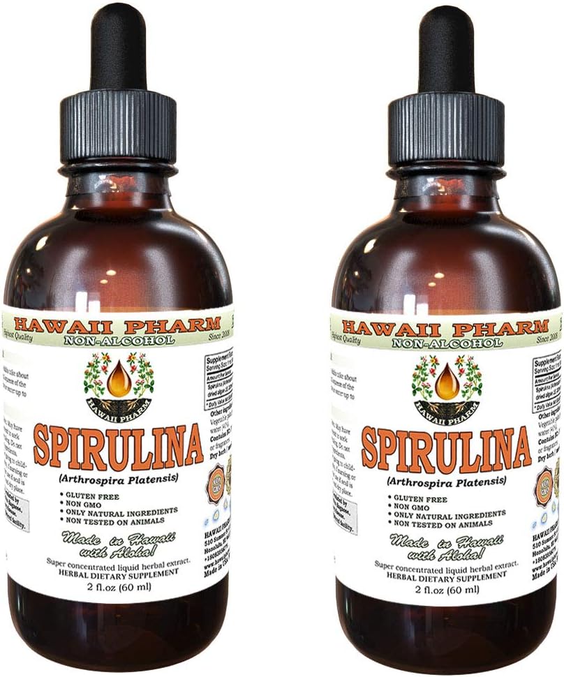 Spirulina Alcohol- Free Liquid Extract, Organic Spirulina (Arthrospira platensis) Sušené řasy Glycerite přírodní bylinný dodatek, Hawaii Pharm, USA 2x2 fl.oz