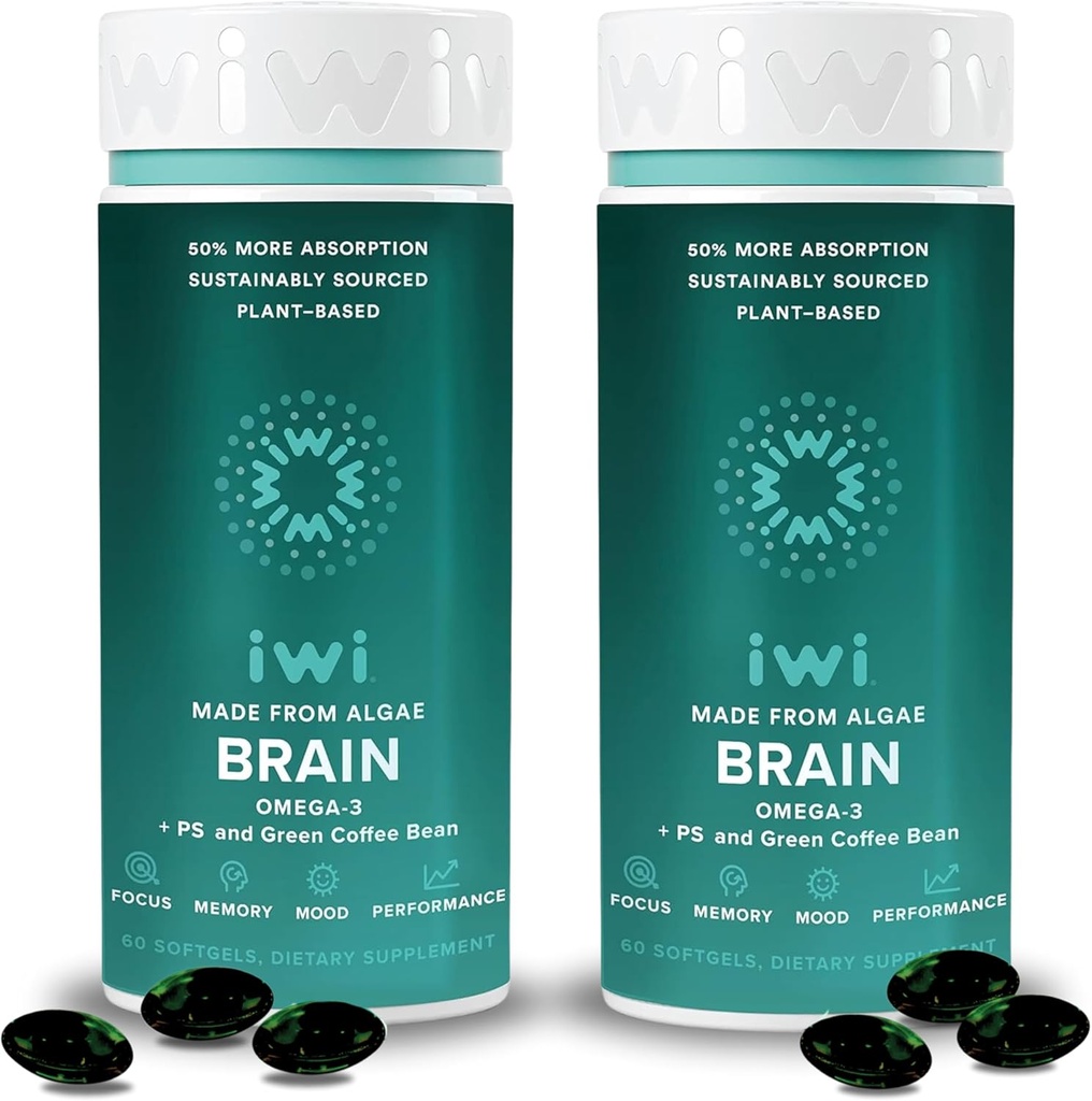 iwi life Brain Omega33, 120 Softgels (60 Služeb), Vegan Plant- Based Algae Omega33 s EPA + DHA, Focus, Memory and Mood Support Dietary Supplement, Krill & Fish Oil Alternative, No Fishy Aftertact