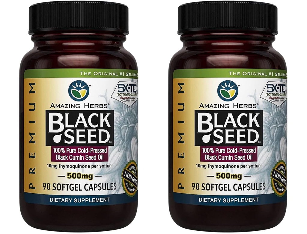 Úžasné Byliny Premium Black Seed Oil Kapsle - Gluten Free, non GMO, Cold Pressed Nigella Sativa AIDS in Digestive Health, Imunitní podpora, Mozková funkce - 90 Počet, 500mg (Balení 2)