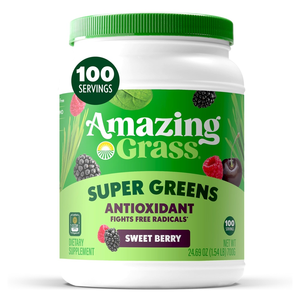 Amazing Grass Greens Superfood Antioxidant: Green Powder with Organic Spirulina, Beet Root Powder, Elderberry & Probiotics, Sweet Berry, 100 Servings (Balení květen Vary)