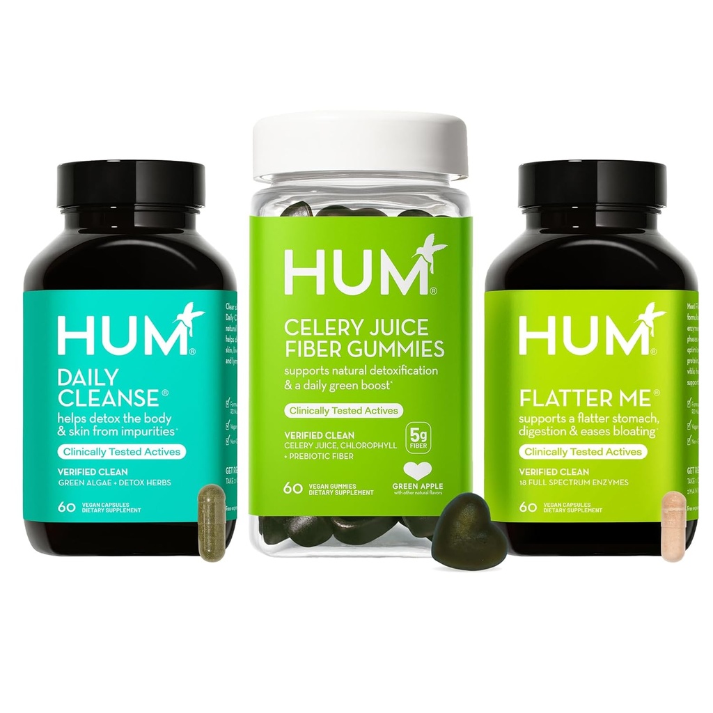 HUM Green Detox Bundle s Fotter Me Digestive Enzymy, Daily Cleanse Acne Dodatek, a celery Juice Fiber Gummies s chlorofylem, 3- Krok Wellness Set, Podporuje Digestive & Gut zdraví