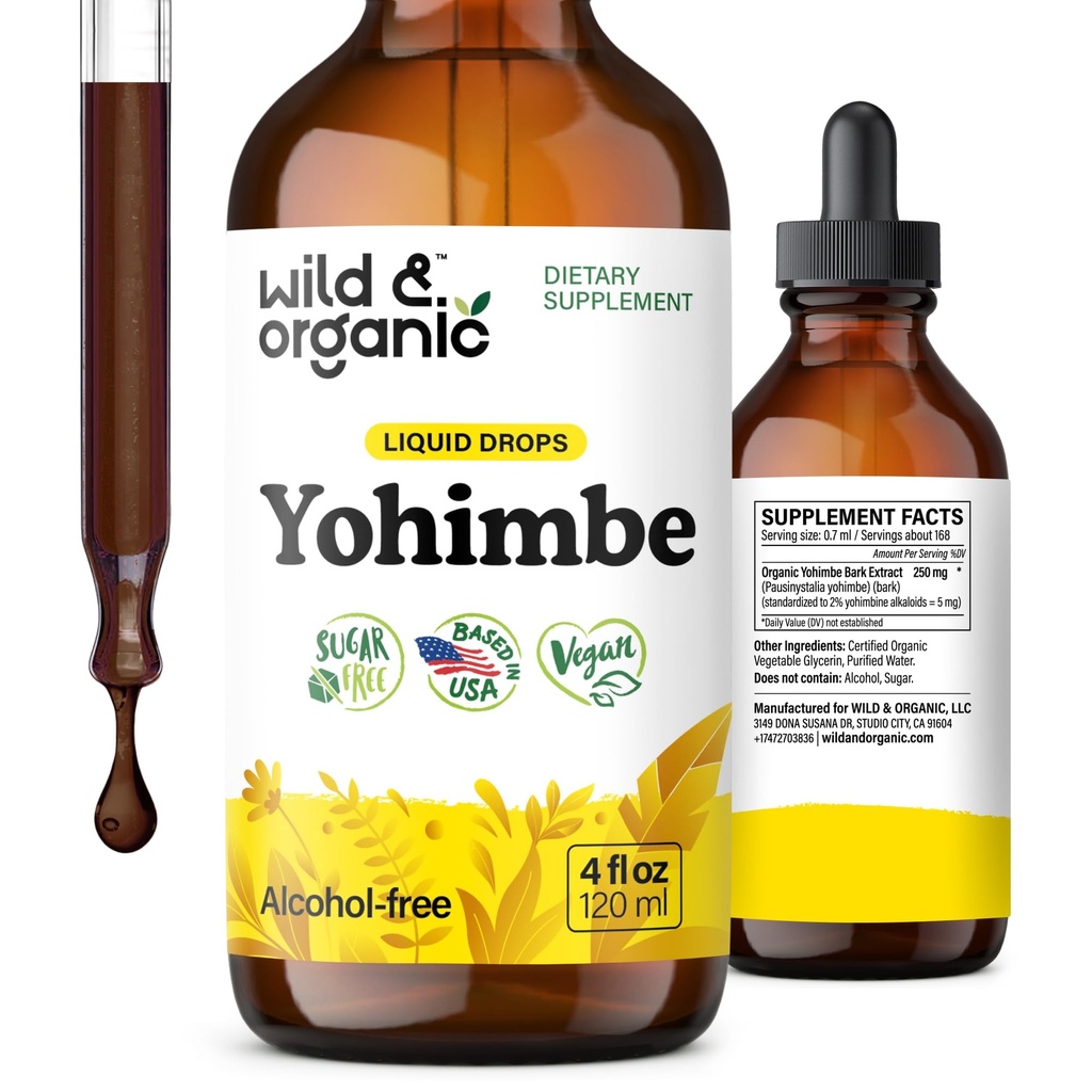 Wild & Organic Yohimbe doplňky pro muže a ženy - 5 mg Yohimbine Extract tinktura - Alcohol- Free Yohimbe Bark Drops - Vegan, Non- GMO & Sugar- Free - 4 fl oz