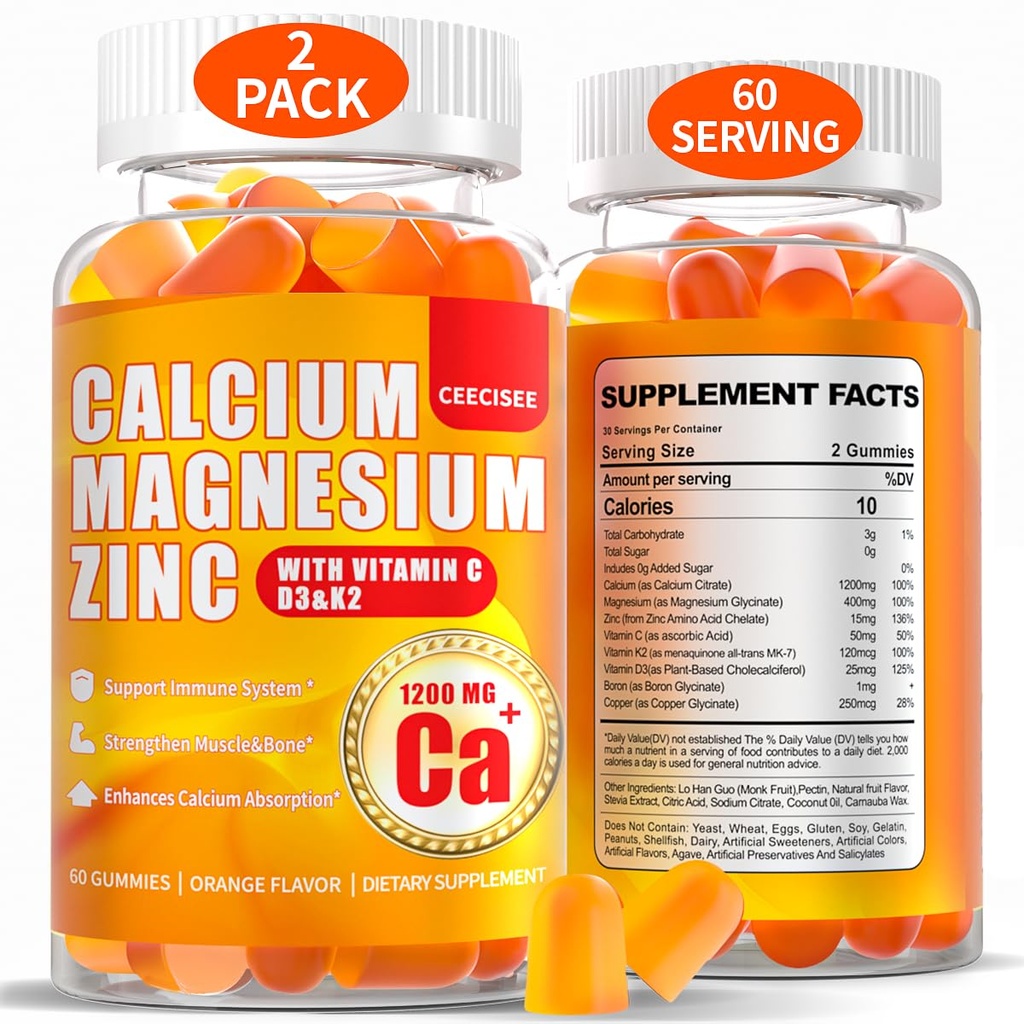 Magnesiové gumy vápníku pro ženy: 1200mg vápník Citrát zinek Gummy s vitaminem C D3 K2 - Veganský cukr bez žvýkací vysoké absorpce Enegie Imunitation Supplement (120Count)