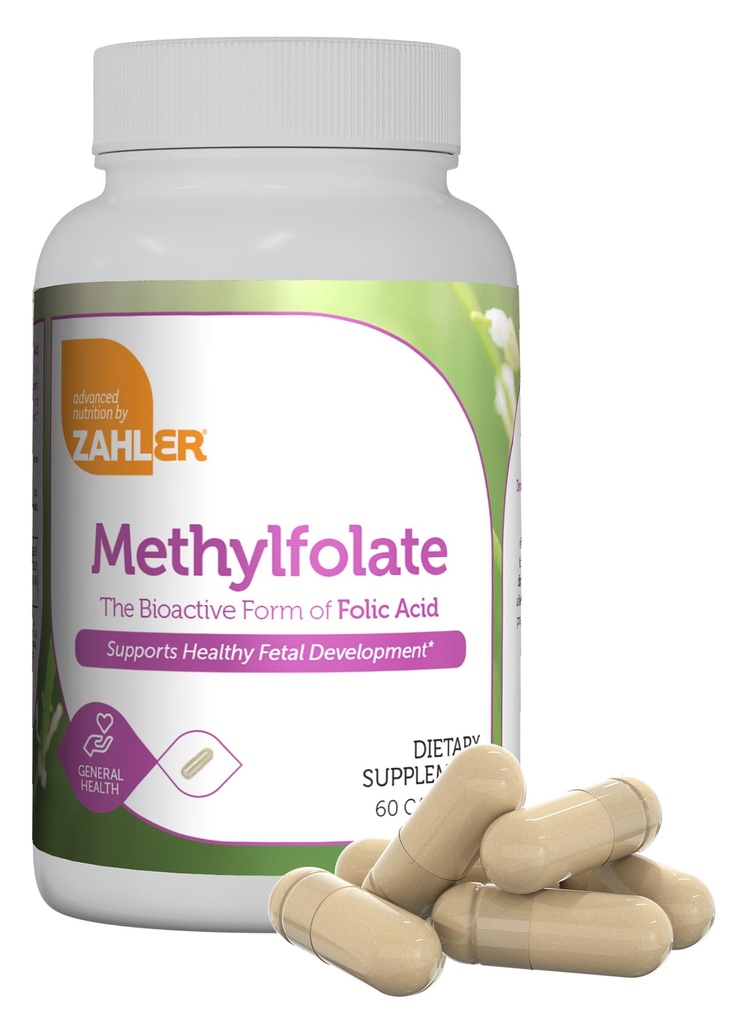 Zahler Methylfolát - Podporuje zdravý vývoj plodu a genetické zdraví - Methylovaná kyselina listová z 1000 mcg DFE L-Methylfolát - Kosher Non GMO Methyl Folát doplněk pro ženy (60 Kapsle)