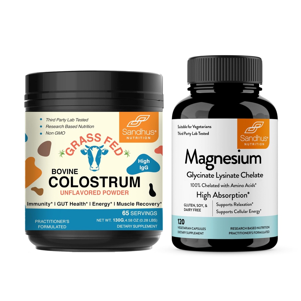 Sandhu 's Bovine Colostrum Powder & Magnesium Glycinate Lysinate Kapsle 124; Pomáhá Gut, imunitní Heath & Sleep Podpora