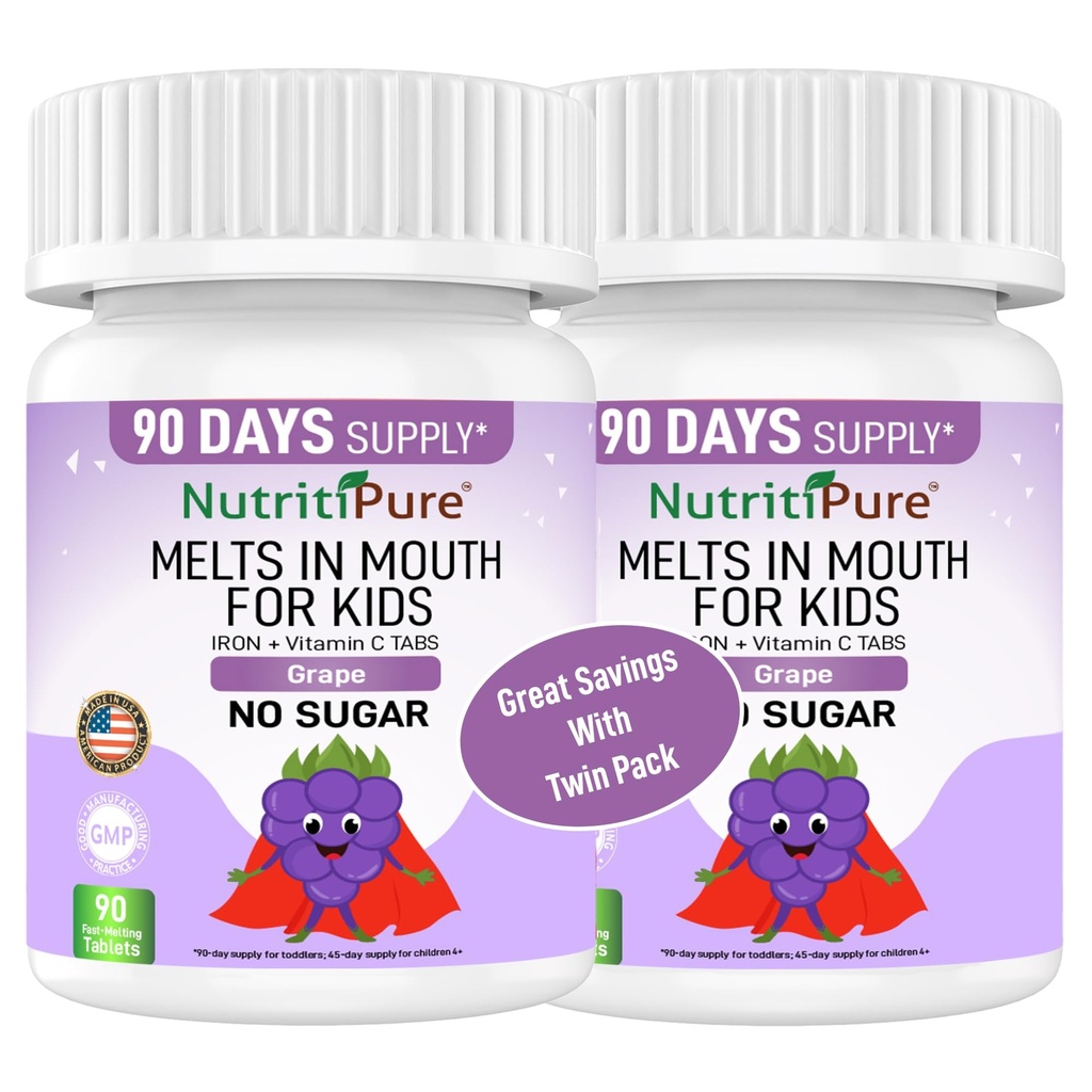Kids Chewable Iron Supplement, Ferronyl ® Carbonyl Iron 9 mg, Vitamin C 30 mg, Grape Flavor, 90 tablet (2 láhve)