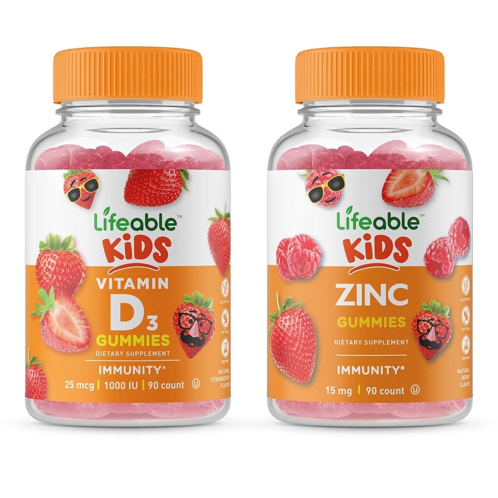 Živý vitamín D Děti + Zinkové děti, Gummies Bundle - Velký Ochutnávání, Vitamin dodatek, gluten zdarma, GMO zdarma, Žvýkací žlab