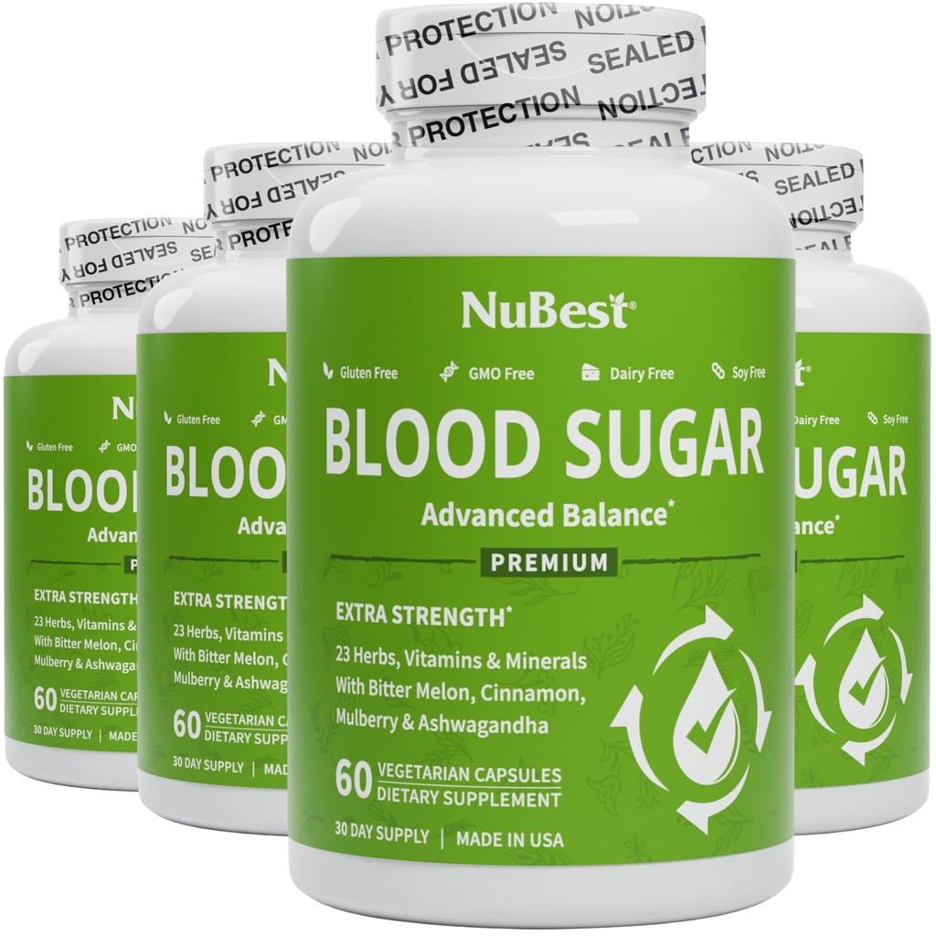 NuBest krevní cukr - Premium Formule s hořkou melon, Ashwagandha, Skořice, Chrom, hořčík, Vitamíny, Alpha Lipoic Acid, Cayenne Pepper - Podpora zdravého krevního cukru - Pack 4