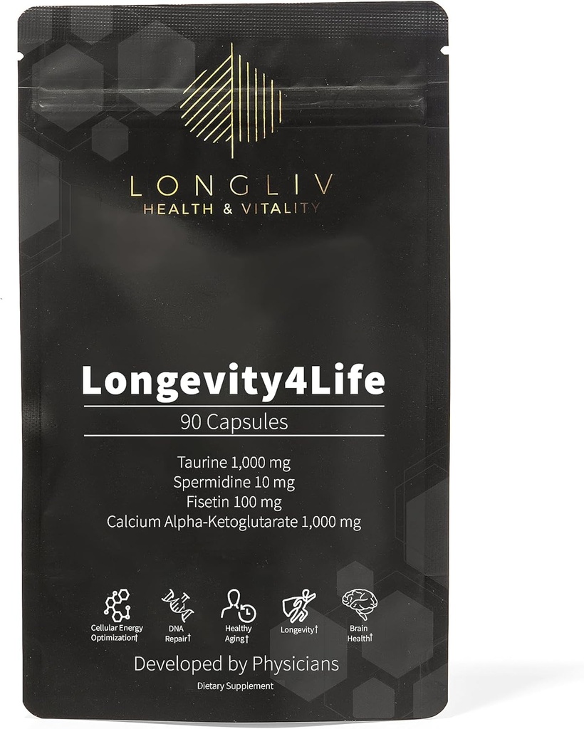 Longevity4Life - Ultimate Cellular Health Supplement - Fisetin, Taurin, kalcium Alpha- Ketoglutarát, a Spermidinové kapsle pro dlouhověkost a vitalitu - Vyrobeno v USA - Lékař Vyšetření