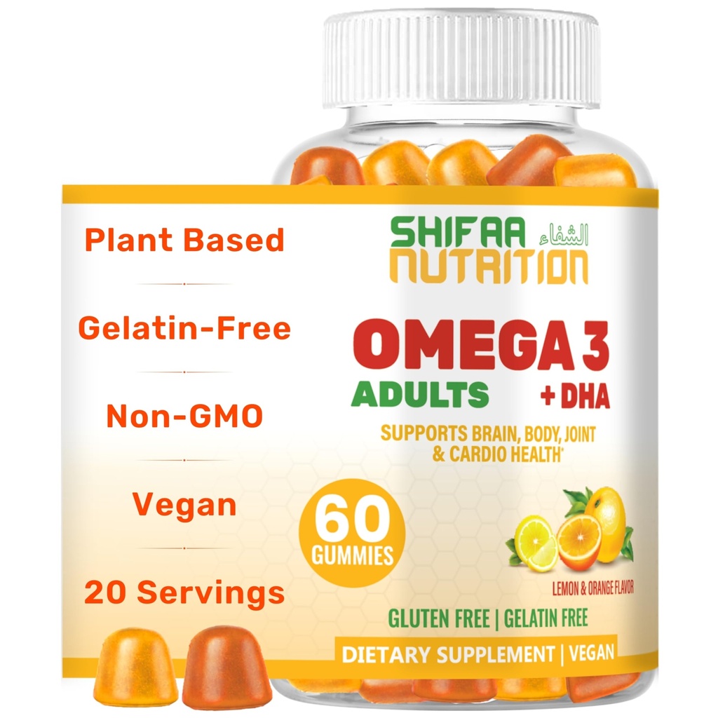 SHIFAA NUTRITION Vegan Omega 3 Gummie pro dospělé 124; No Fish Oil Burps Omega 124; 60 Gummies Oil 124; Plant Based w / Chia Oil, Algae Oil 124; Omega 3 6 9 w / DHA, Vitamin C C124; pro Brain, Kardiovaskulární a imunitní podpora Halol