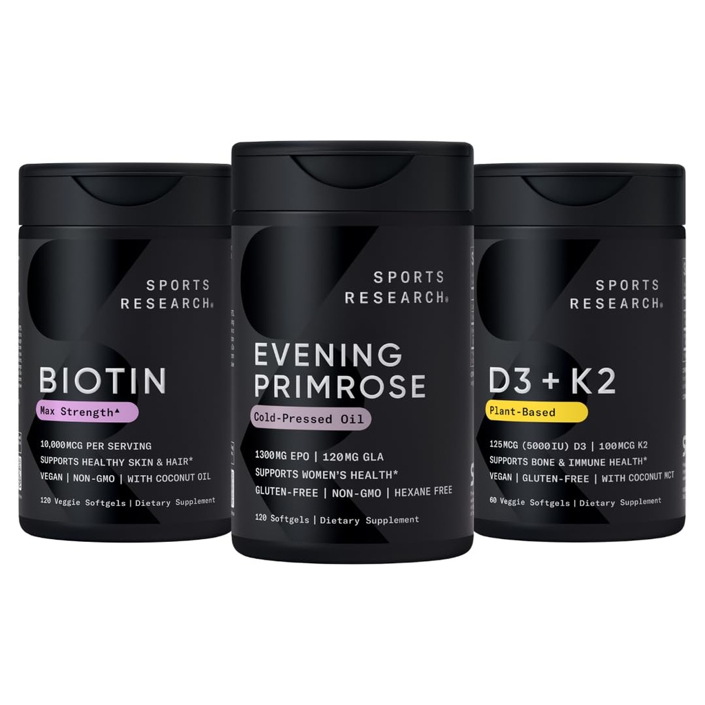 Sportovní výzkum Vegan Biotin 10,000mcg s kokosovým olejem, večerní primrose dodatek z Cold Pressed Oil a rostlin na bázi vitaminu K2 MK7 + Vegan D3 5000iu