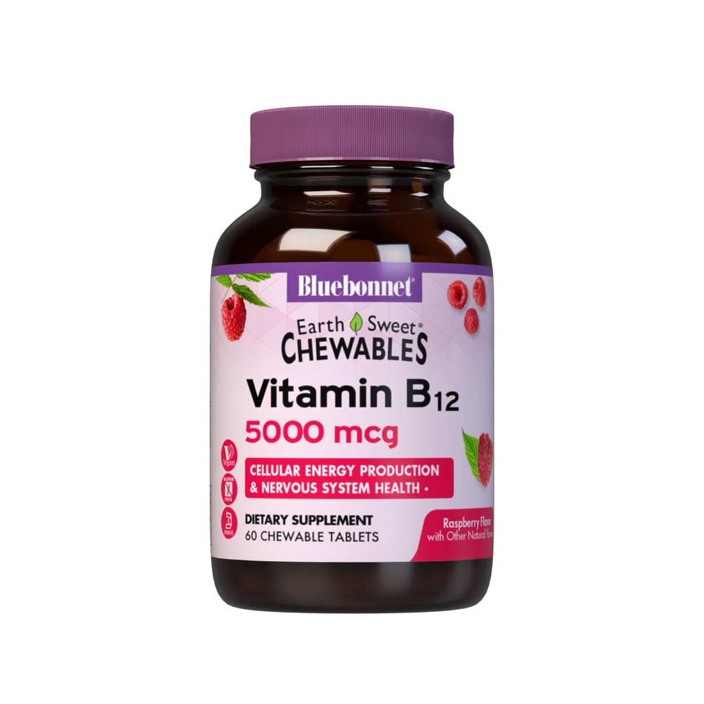 BlueBonnet Nutrition Earth Sweet Vitamin B12 5000 mcg Žvýkací tablety, Soy-Free, Gluten-Free, Kosher Certified, Dairy-Free, Vegan, Maliny ochucené, 60 Žvýkací tablety, 60 Služeb