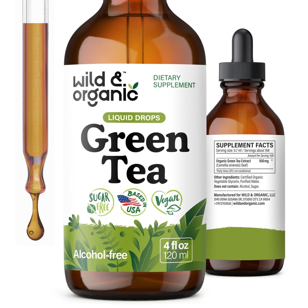 Wild & Organic Green Tea Extract Liquid Drops - Antioxidant- Rich Green Tea Supplement - 2-Month Supply - Vegan, Cukr & Alcohol-Free Camellia Sinensis Tincture - 4 fl oz