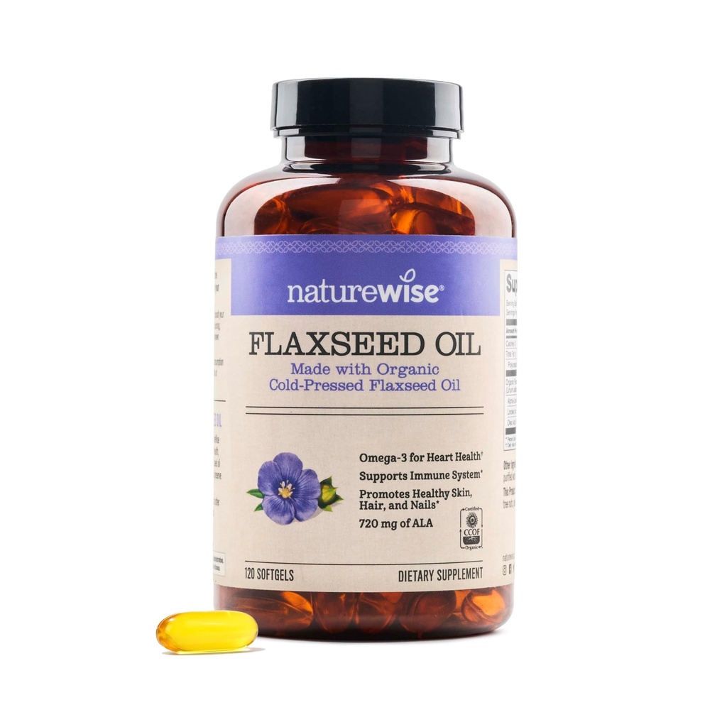 NatureWise Flaxseed Oil 1200 mg, Fish Free Omega 3 6 9 with 720mg ALA, Dietní dodatek pro podporu zdraví srdce - Organic, Cold Pressed, Non- GMO - 120 Softgels [4-Month Supply]