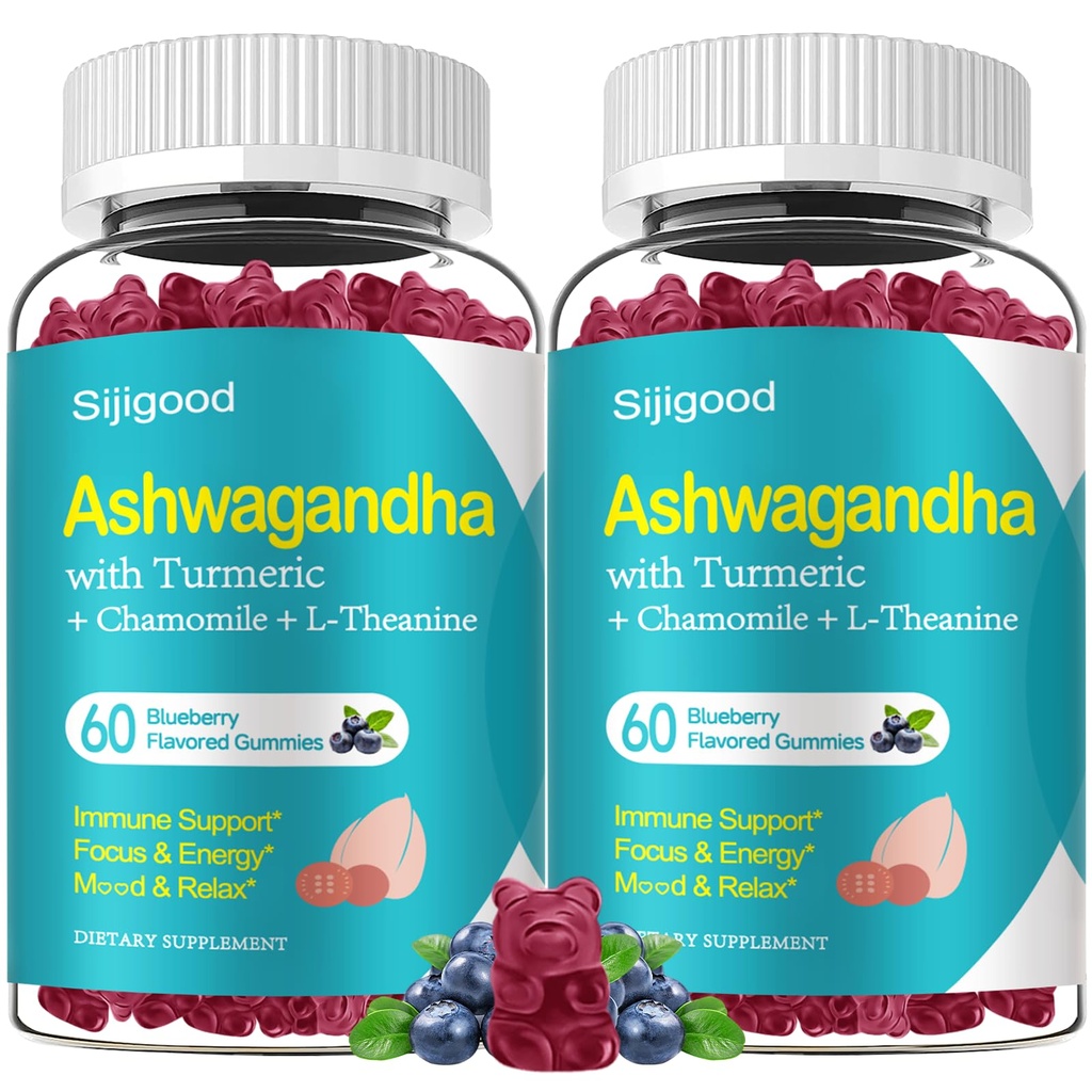2 Pack Ashwagandha Gummies, Podpora imunity, Relaxace, Klid Mood & Zzz, Ashwagandha doplňky pro muže a ženy, Přírodní borůvkový Flavor, 120 Počet