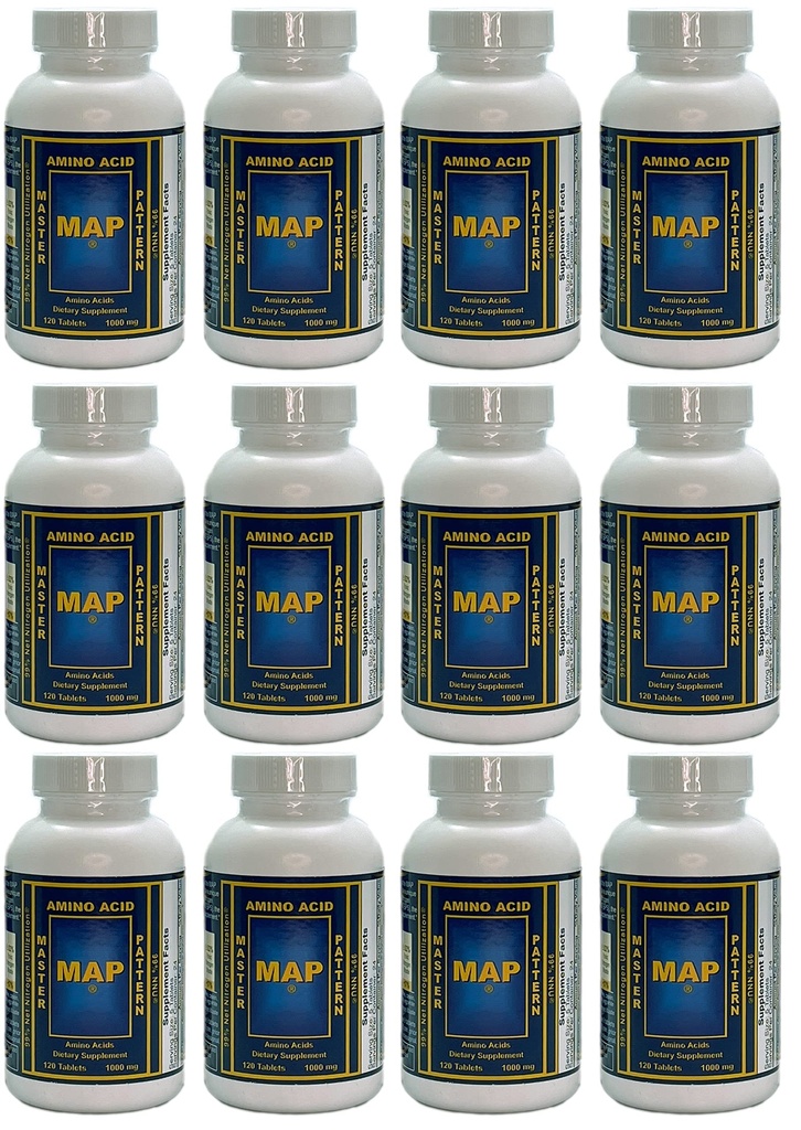 Balení 12 lahví Master Amino Acid Pattern (120 tablet / lahvička) 99% Net Nitrogen Utilization (NNU) - Původní vzorec od Dr. Luca Moretti