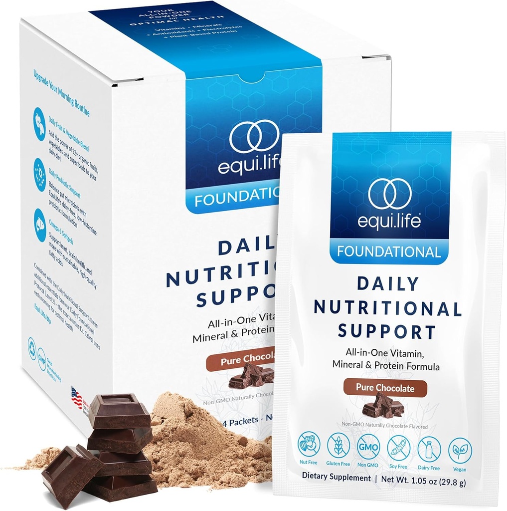 Equilife Daily Nutritional Support, All- in- One Multivitamin Meal Replacement, Pure Chocolate Flavor, 15G Plant Protein, Podporuje celkové Wellness včetně energie, trávení, a kůže, 14 Packets
