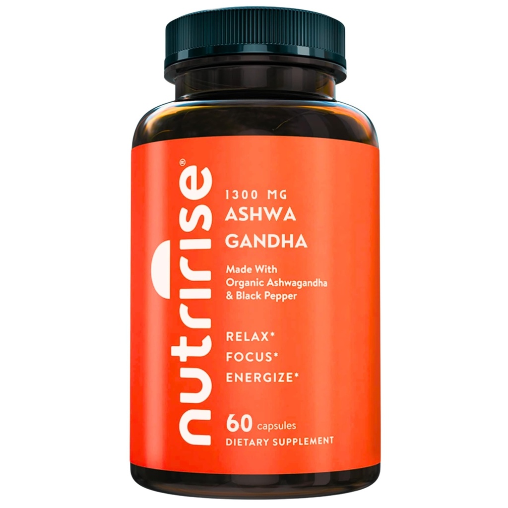 NutriRise Organic Ashwagandha Root Kapsle s Black Pepper, 1300mg, Natural Stress & Mood, Příplatek štítné žlázy a imunitní podpora, Clarity, Focus & Energy, Gluten Free, 60 Počet