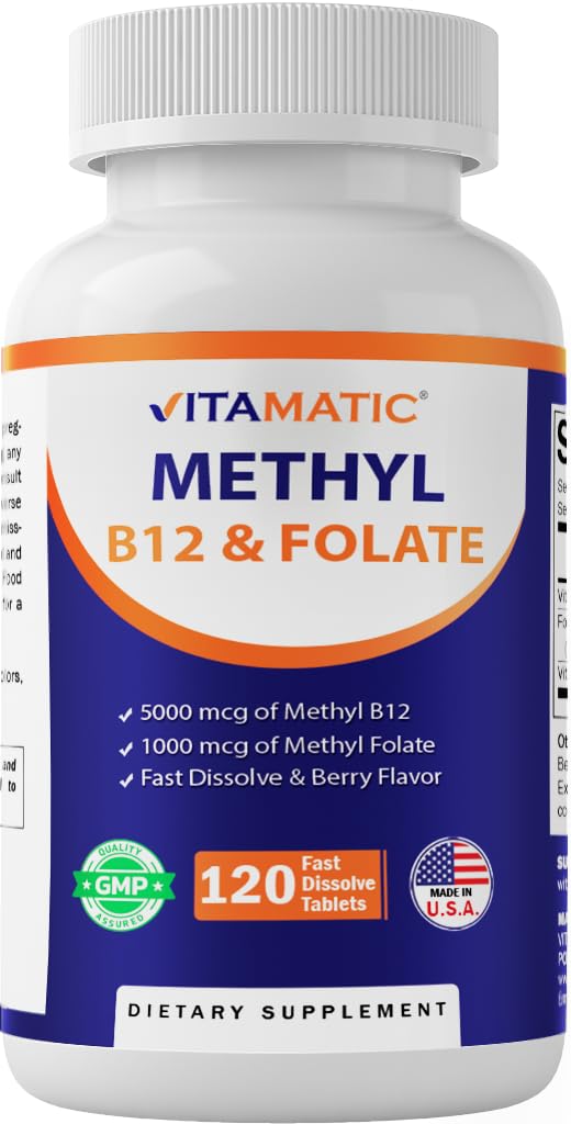 Vitamatic Methyl folát & B12 dodatek s Pyridoxal 5 Fosfát (P-5-P) - Podporuje kardiovaskulární zdraví a energetický metabolismus - 120 Rychlé rozpuštění tablety - non GMO & gluten zdarma