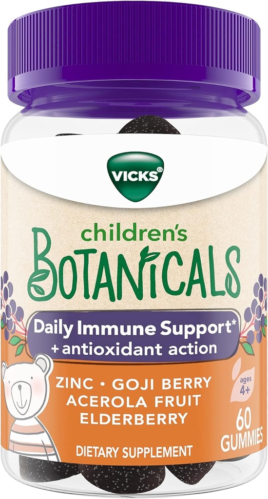 Vicks Children 's Botanicals Daily Imunitary Support * + Antioxidant Action, Gummies, Made with Zinek, Goji Berry, Acerola Fruit, and Elderberry, 60 ct