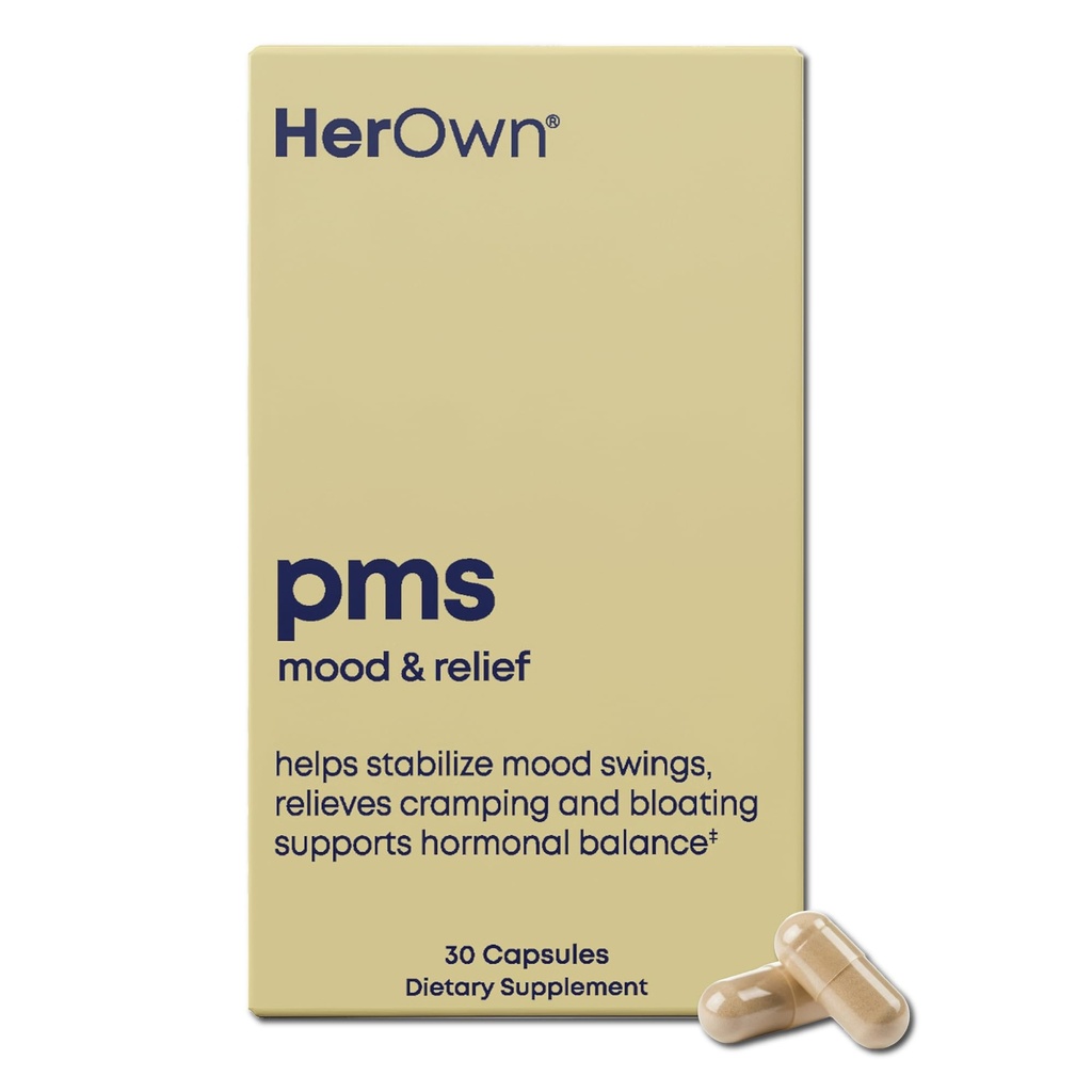 její vlastní PMS, podporuje PMS příznaky, podporuje pozitivní nálada, přírodní hormon bilance, pomáhá zmírnit křeče, Hot Flashes Menopause Relief, Lepek a Soy Free, Vegan, 30 Kapsle, 30 Služeb