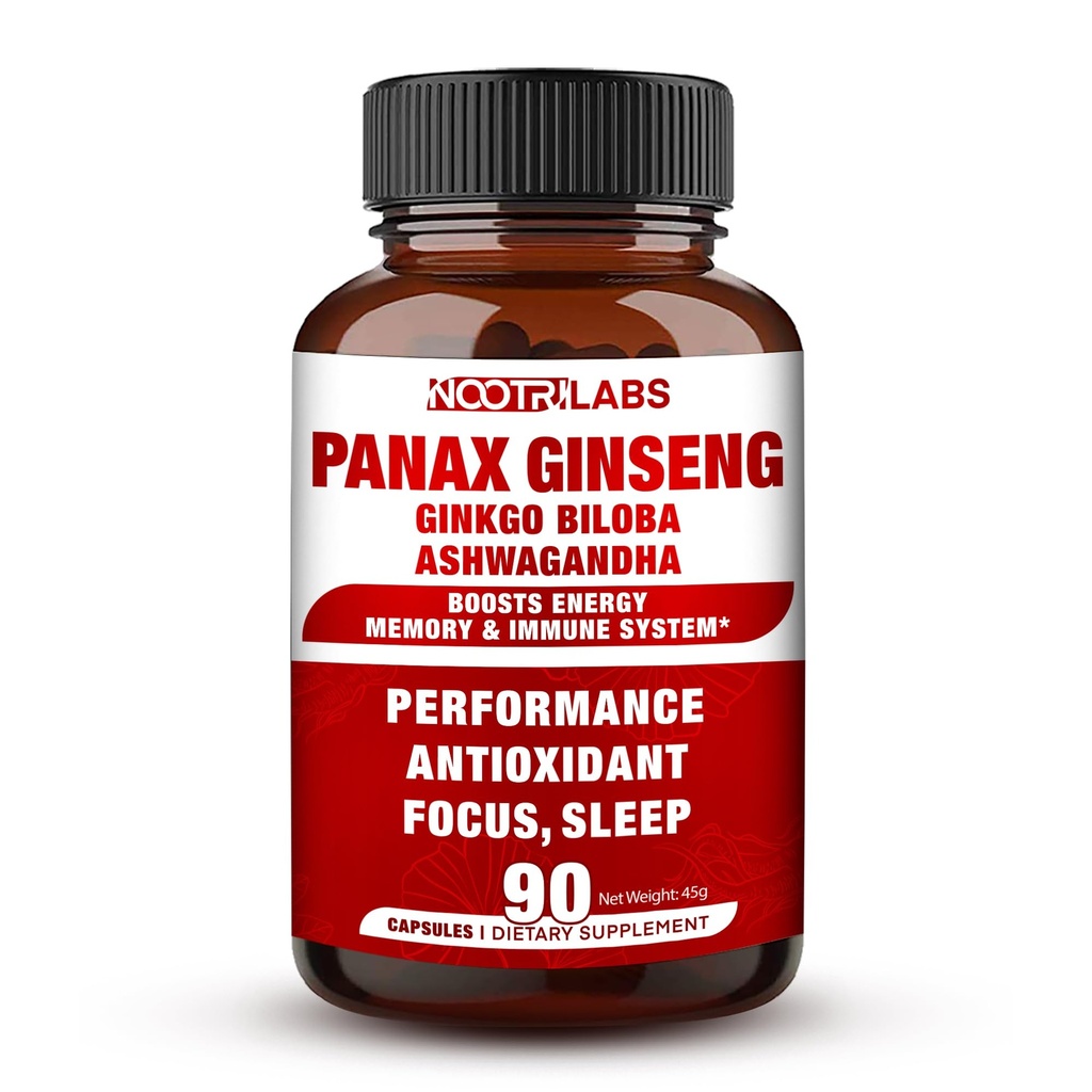Korean Red Panax Ginseng 750mg Nejvyšší potenciál s Ginkgo Biloba a Ashwagandha, Boost Energy, Paměť, a imunitní systém - Focus dodatek pilulky pro muže a ženy, 90 Vegan Kapsle