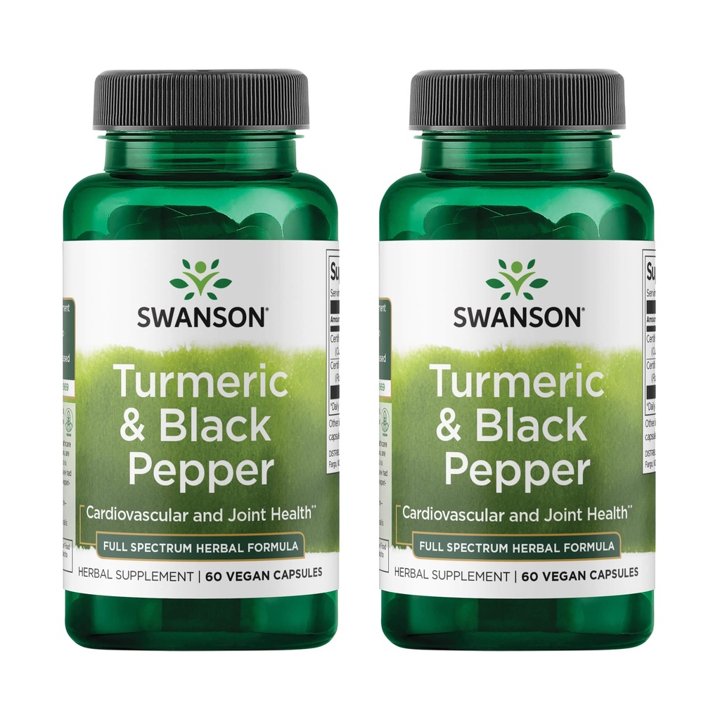 Swanson Turmeric & Black Pepper - Organic Joint Health, Heart Health, Digestion, & Játra Supplement - Přírodní vzorec pro zlepšení biologické dostupnosti a absorpce - (60 Veggie Kapsle) 2 Pack