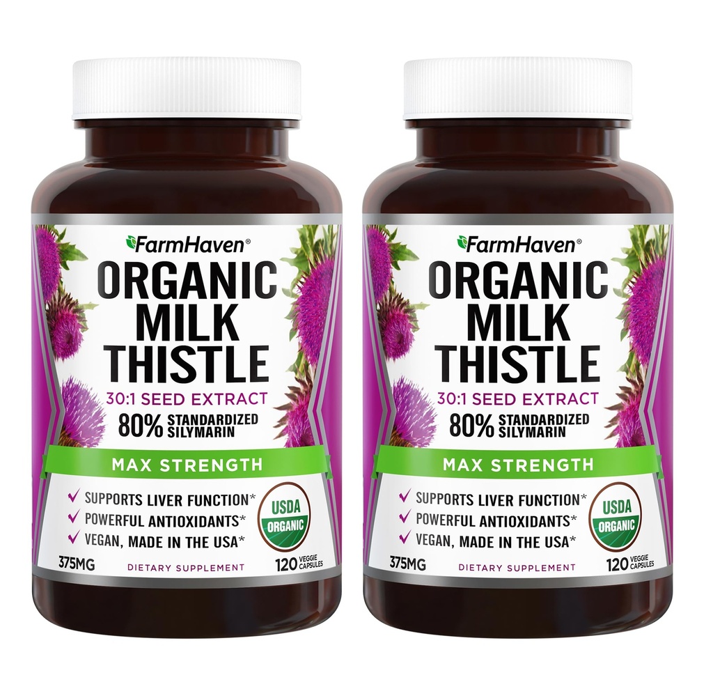 FarmHaven USDA Organic Milk Thistle Kapsle 124; 30X Koncentrovaná semena Extrakt & 80% Silymarin Standardizované - Podporuje funkci jater a celkové zdraví 124; Non- GMO Capsle 124; 240 Vegan Kapsle