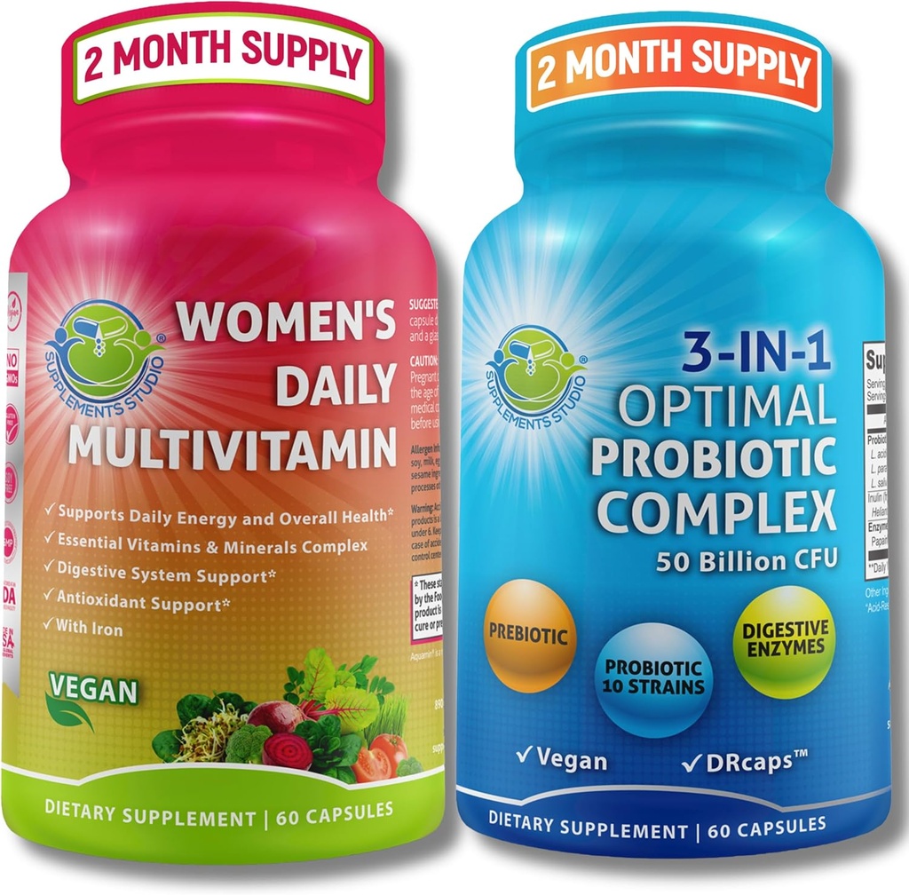 Dámské Multivitamin & Probiotická podpora Bundle - 3- in-1 Probiotic s trávicími enzymy & Prebiotic & Ženský denní multitivitamin s železem - Vegan, Non- GMO, Čistá denní Wellness podpora