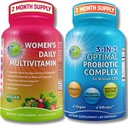 Dámské Multivitamin & Probiotická podpora Bundle - 3- in-1 Probiotic s trávicími enzymy & Prebiotic & Ženský denní multitivitamin s železem - Vegan, Non- GMO, Čistá denní Wellness podpora
