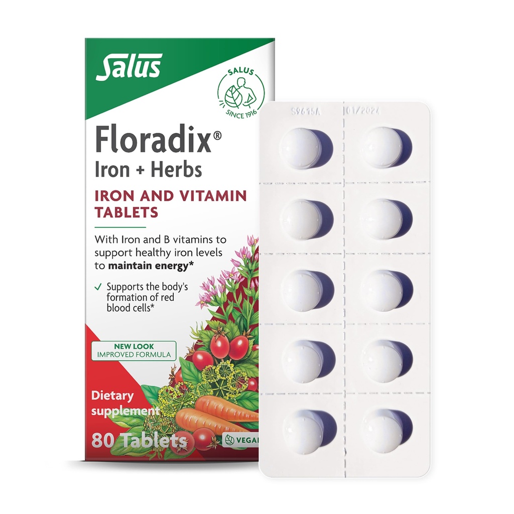 Květinové železné tablety - doplněk železa s B vitaminy, kyselina listová, vitamín C & Více - Energetická podpora - Vegetariánská & gluten- 80 Tablety (80 Služeb)