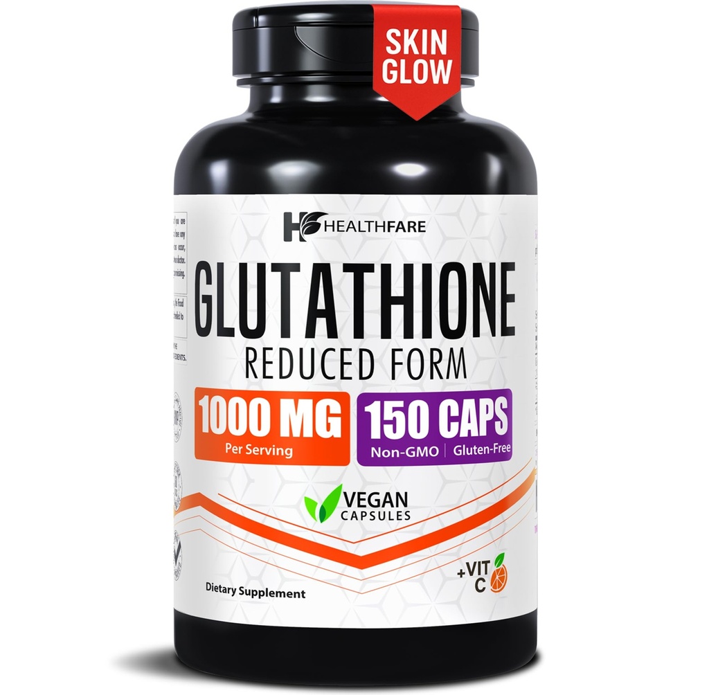Healthfare Glutathione Supplement 1000mg PHARMAD 124; Reduced GSH Antioxidant PHARMAR 124; 98% + Vysoce purifikované 124; 150 Vegan Kapsle 124; Imunitní & Detox Podpora 124; Non- GMO, gluten- Free 124; Vyrobeno v USA