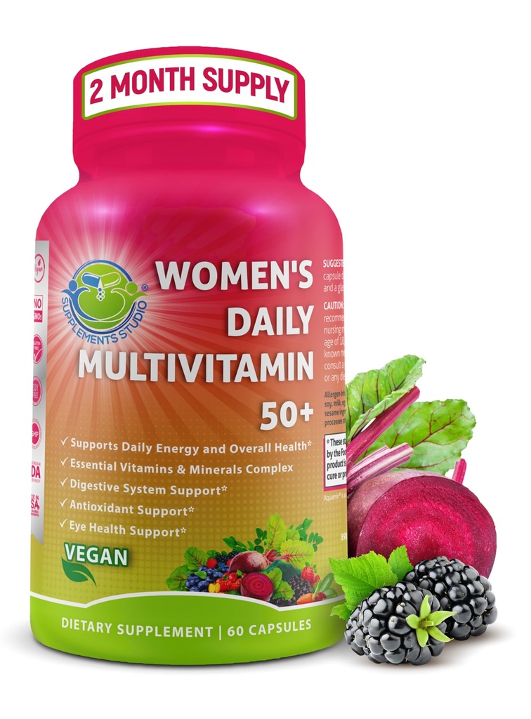 Dámské denní multivitamin 50 Plus - Vegan Metylovaný multivitamin pro ženy 50 a přes s Biotin, Organic Superfoods & Lutein - Eye, Energy, Gut & Optimal Health Support - Snadná polykací kapsle