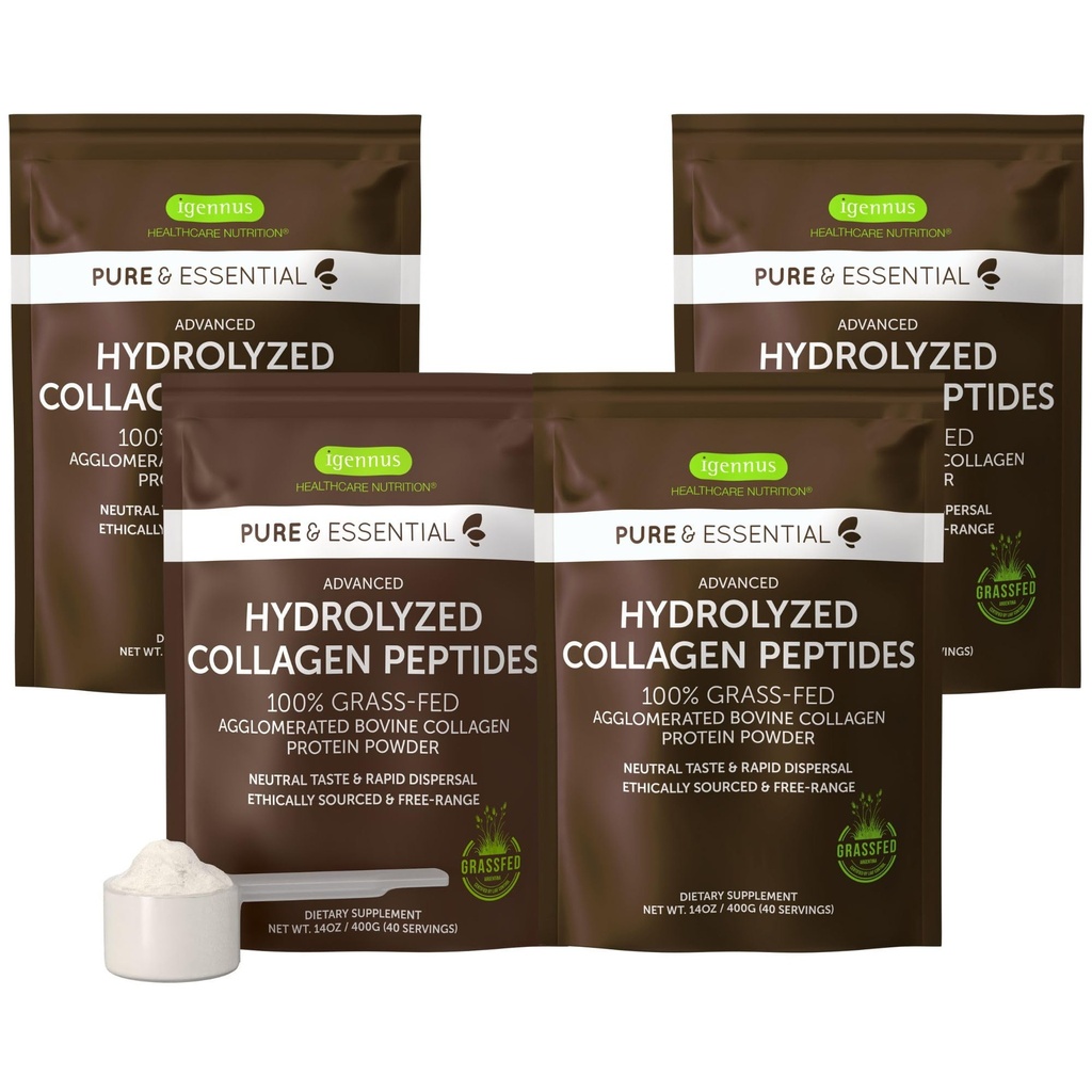 Igennus 100% tráva Fed hovězí kolagen protein prášek, nejvyšší stupeň hydrolyzované kolagen Peptides typy 1, 2 a 3, pro ženy a muže, Non- GMO, volný rozsah, čisté etikety, snadné mix, 4 x 40 Doručování