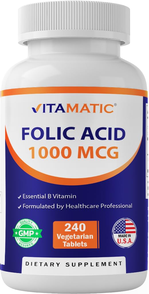 Vitamatická kyselina listová 1000 mcg (1 mg) - Vegetariánské tablety - 1667 mcg DFE - Vitamin B9 (240 Počet balení po 1)